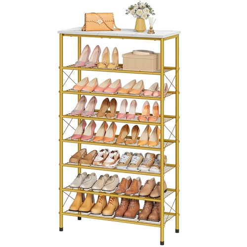 Tajsoon 8 Tier Shoe Rack Organizer for 28-32 Pairs of Shoes, Metal Mesh Shoe Shelf for Closet, Industrial Shoe Rack for Entryway Shoe Storage with X Shape Fixed Frame, White & Gold