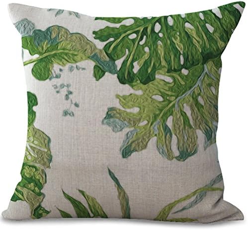 Eazyhurry Green Leaf Print Decorative Cushion Throw Linen Cotton Square Pillow with Invisible Zipper Home Decor for Bench/Couch/Sofa 18" X 18"