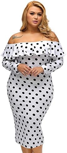 New Autumn Sexy Black Polka Dot Ruffle Off-shoulder Neckline Long Sleeves Dress Vestido de Festa Vestidos Robes (XXL, white)