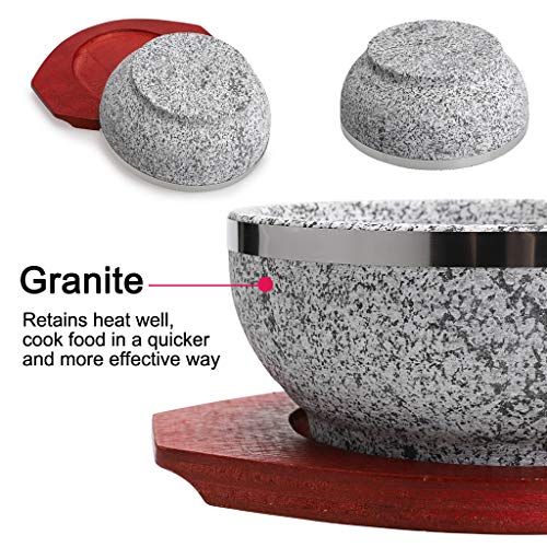 MDLUU Dolsot Bibimbap Bowl 32 Oz, Granite Stone Bowl with Wood Base