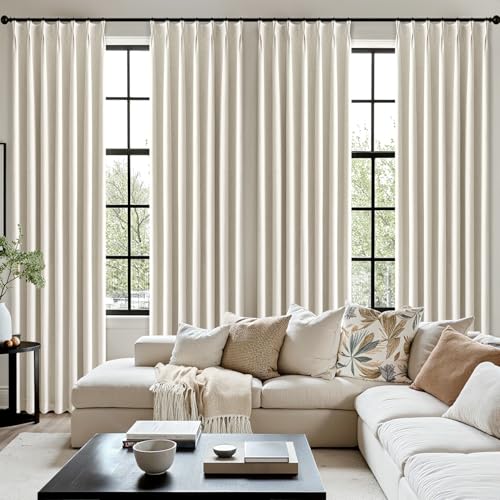 MIULEE Natural Pinch Pleated 100% Blackout Linen Curtains for Bedroom, Room Darkening Light Blocking Window Curtains 84 inches Long for Living Room, Black Out Pleat Drapes with Pin Hooks, 2 Panels