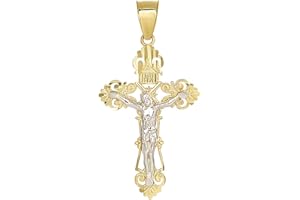 Jewelry America Solid 14K Two-Tone Gold Roman Catholic Cross Charm with Jesus INRI Crucifix Pendant