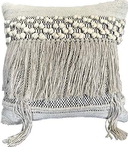 theHOMEmind Boho Throw Pillow Cover | Decorative Bohemian Woven Fringe Pillow | White Neutral Soft Handwoven Cotton Boho Pillow Cover | Boho Accent Pillow 18x18 inches (Pattern 1)