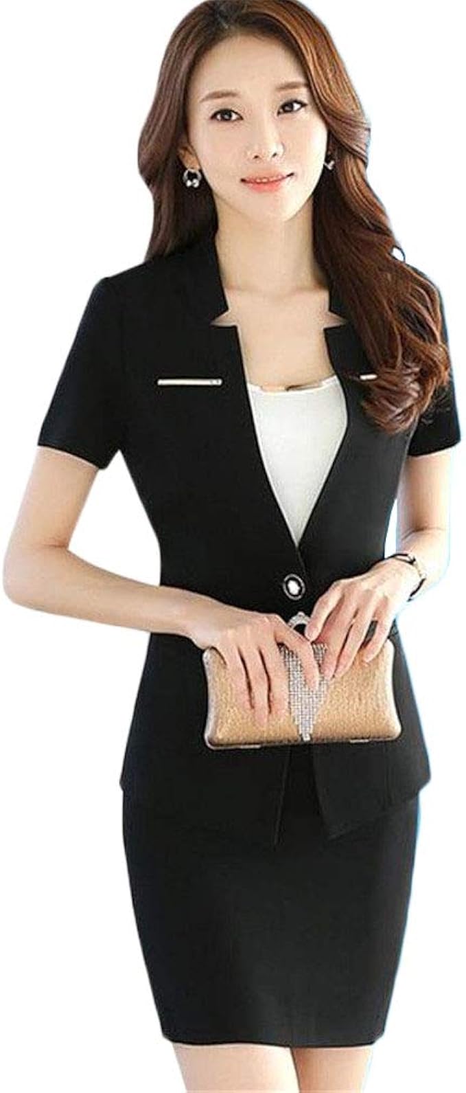 Amazon Linglu レディース スーツ セット ジャケット スカート 半袖 2点セットol オフィス 通勤 入学式 ビジネス 上下セット 事務服 就活 大きいサイズ セットスーツ タイト スカートスーツ 通販