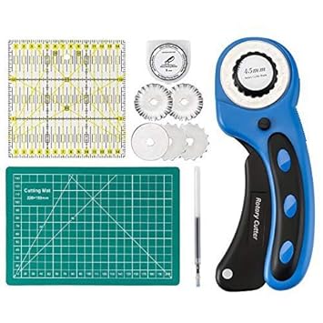 Queta Rollschneider Set, 45mm Stoffschneider mit 5 Ersatzklingen und Schutzmechanismus - Rollmesser Rundklingen Cutter für Ab