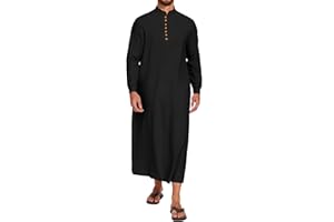 LVCBL Thobe for Men Long Sleeve Kaftan Muslim Thobe Button Down Long Gown Caftan with Pockets