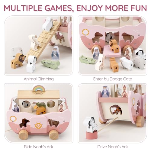 Joyreal Noahs Ark Wooden Toy - Christening Gifts for Girls Boys, Baptism Gifts, Montessori Toys for 1 2 3 Year old, Stacking Baby Toys, Farm Animals Shape Sorter Toddler Toy