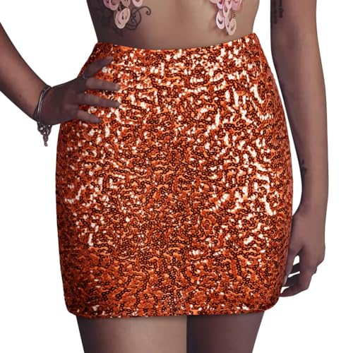 PRETTYGUIDE WOMEN’S SEQUIN SKIRT STRETCHY BODYCON SHINY MINI SKIRT CLUB SKIRT XXL ORANGE