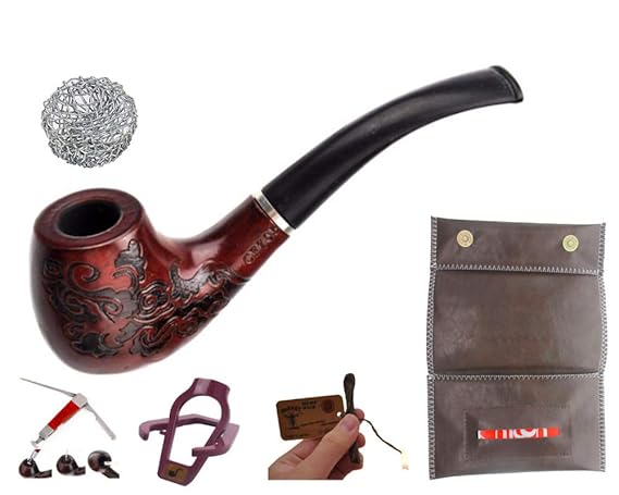 mixmax Holz Pfeife Set Tabakpfeife mit verschiedenem Zubehör | Siebe | Pfeifenreiniger | Pfeifenständer | Tabaktasche Set 7