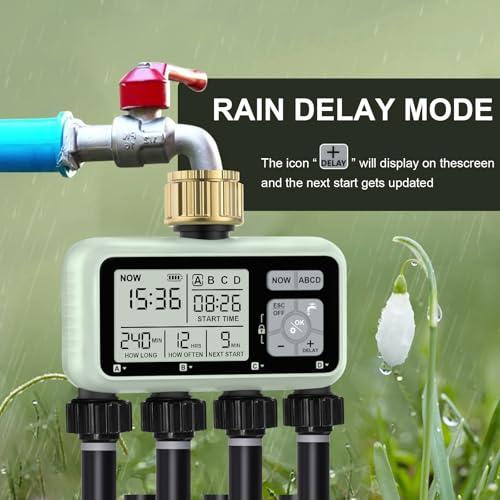 Watering Timer 4 Zone with Brass Inlet, Sprinkler Timer, Programmable Garden Outdoor Hose Faucet Timer with Rain Delay, Auto & Manual Watering System for Garden Lawn