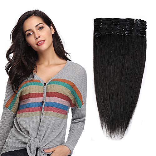 Natural Black 100% Clip in Remy Human Hair Extensions #1B 20" / 20 inch Grade 7A Quality Full Head 8pcs 18clips Long Soft Silky Straight for Women Fashion 105g
