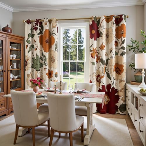 JINCHAN Lora Vintage Floral Blackout Curtains for Bedroom Mid Century Bohemian Room Darkening Drape Flower Patterned Curtains 84 Inches Long Grommet Window Drapes Set 2 Panels Beige
