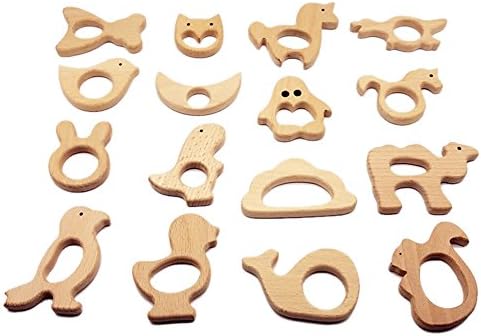 Johlycao Nature Baby Teething Toy, 10 Pcs Eco-friendly Wooden Teether Ring Nursing Animal Baby Gift Teething Holder for Baby