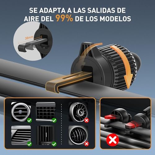 Soporte Movil Coche：360° Suporte Telemóvel Carro, Porta-Movil para Coche [Gancho Mejorado y Silicona] Sujeción para iPhone, Samsung, Google, Sony y Más (Negro)