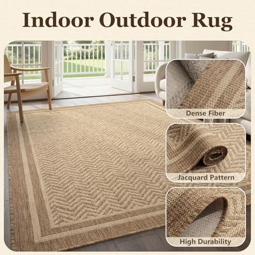 Outdoor Rug-Patio Rug Boho Polypropylene Indoor Outdoor Rug for Porch Balcony Patio Outdoor Area Rug Durable Outdoor Carpet Living Room Mat, Frame Brown 7.9x10 ft
