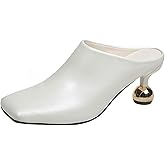 PTNOKA Women's Leather Closed Square Toe Metal Heel Mules Comfortable Slip On Low Heel Sandals Fashion Work Dress Pumps