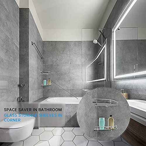 Corner Shower Shelves, 2 Pack Glass Shelf Basket Shampoo Holder Organizer Glass 304 Stainless Steel Wall Mount Cosmetic Storage Rack Bathroom