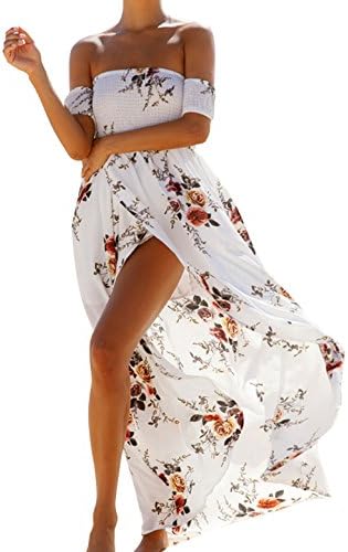 EBUYTIDE Women's Boho Off the Shoulder Floral Print Split Beach Party Maxi Dress X-large(White)