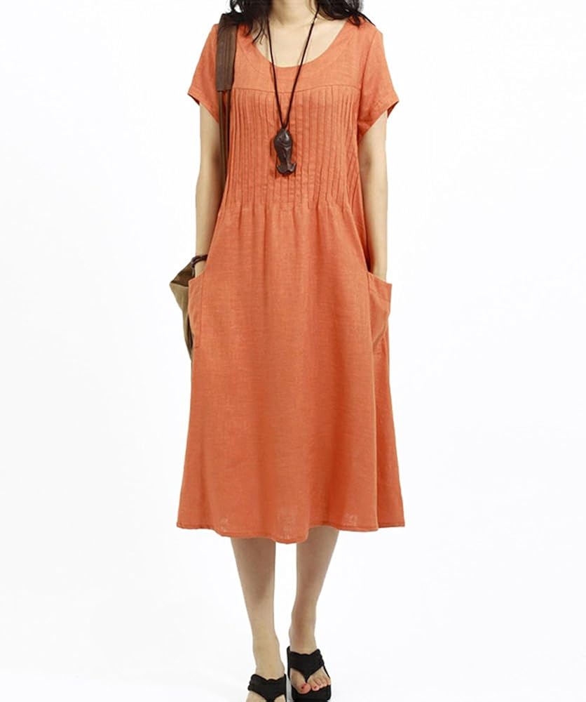 Amazon 夏 ワンピース レディース ゆったり ふんわり リネン ミモレ丈 半袖 丸首 スキッパー Aライン 無地 カジュアル ワンピース チュニック 通販
