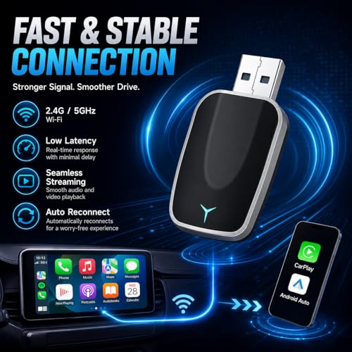 Wireless CarPlay Adapter for iPhone – Plug & Play CarPlay Dongle – Converts Wired CarPlay to Wireless – Fast Auto-Connect, Low Latency, USB-A & USB-C Compatible – English Manual Included