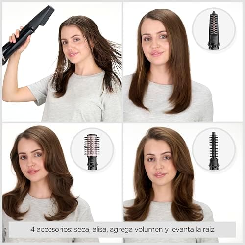 Secador, Alisador y Styler - Cepillo rotatorio de aire, Styler iónico con 4 accesorios, Cepillo Voluminizador, Cepillo Secador de pelo, Negro, AS200E