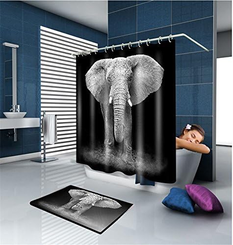 Keqiao 3D Washable Elephant Shower Curtain Set with Rug,Black Background Polyester Mildew Resistant Bathroom Curtain Sets with 12 Metal Rings(71x94inch, Multi 5)