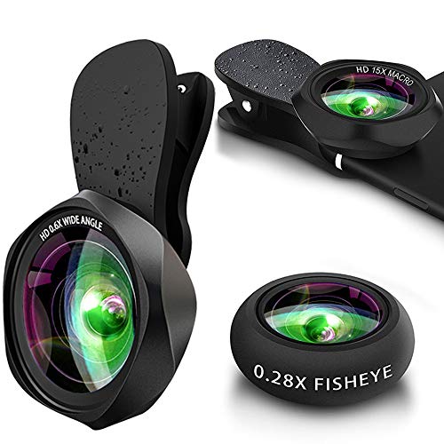 Conception De Lignes Ondulées Objectifs De Caméra De Téléphone HD-Objectifs avec 0.6X Super Grand Angle + 15X Macro + Objectif Fisheye 0.28X Compatible avec iPhone,Samsung Huawei iPad etc (Noir)
