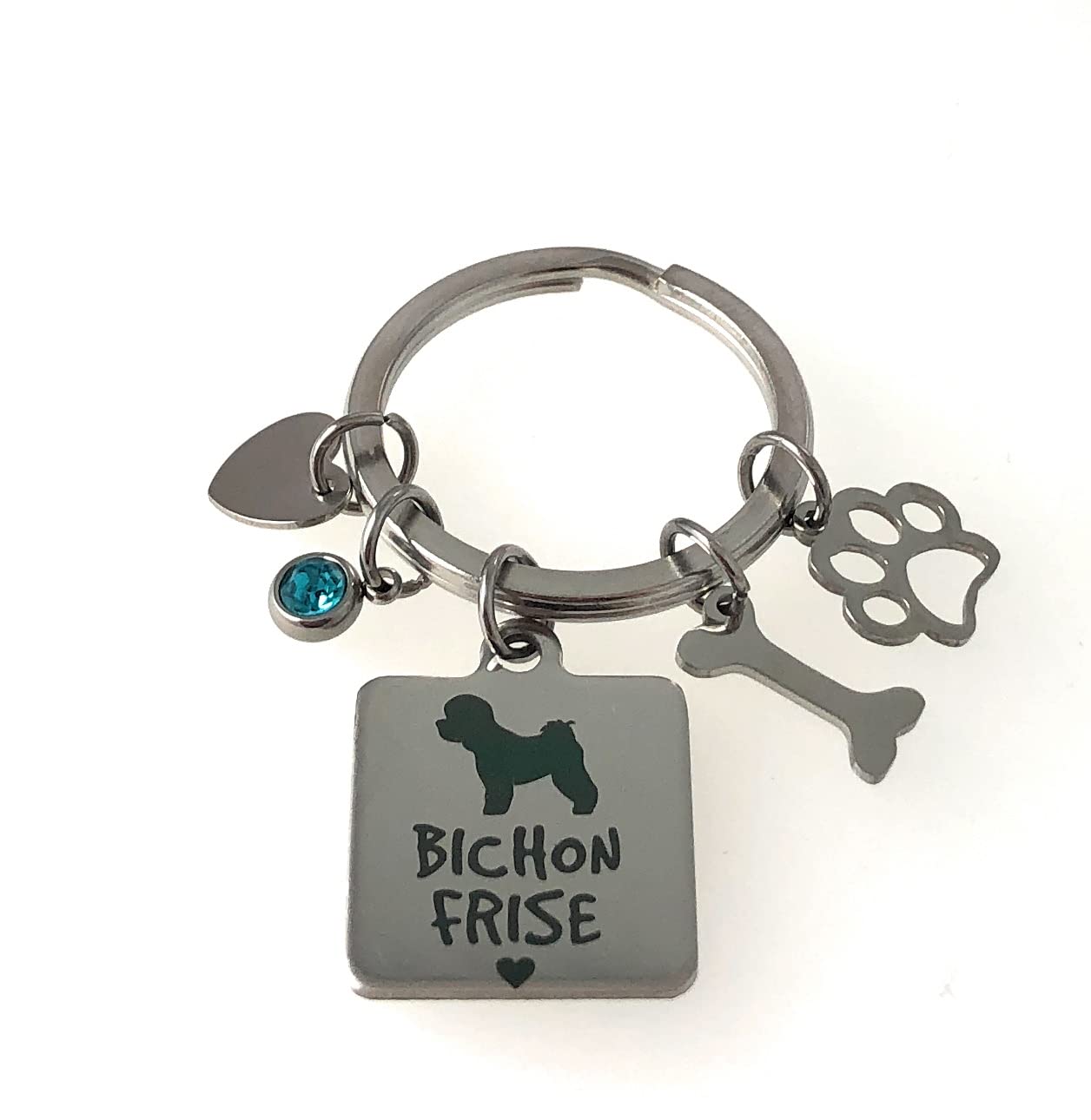 FizzyButton Gifts Bichon Frise Puppy Dog Keyring Key Ring with Turquoise Rhinestone and Stainless Steel Bone, Paw and Heart Charms
