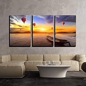 Hot air Balloon Over Sunset sea x3 Panels