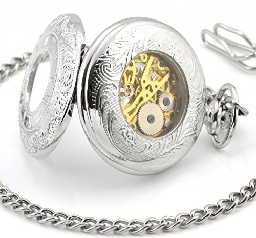 Infinite U Silver Dual Time Display Hollow Skeleton Steel Mechanical Movement Pocket Watch