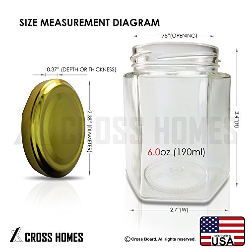 Hexagon Jars Gold Lid (15pcs, 6.0 oz) Hexagon Glass Jars with Gold Plastisol Lined Lids for Jam