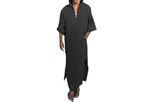 Jacansi Men's V-neck Short Sleeve Robe Side Split Kaftan Cotton Long Gown Thobe S-3XL