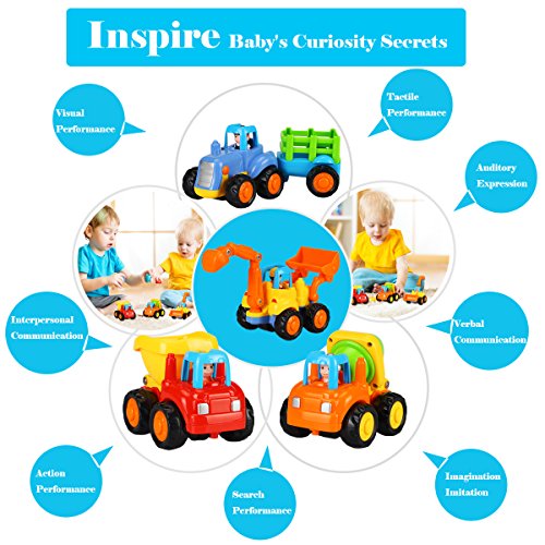 Dreampark Friction Powered Cars Push and Go Cars Inertia Toy Early Educational Toddler Baby Toy Tractor Bulldozer Dumper Cement Mixer Engineering Vehicles Toys Gift for Kids (4 PCS)