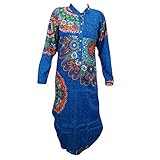 Womens Tunic Dress Mandarian Collar Blue Printed Indian Boho Kaftan Dresses