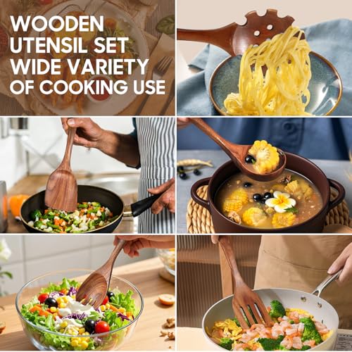 Cucharas de Madera para Cocina, Juego de Utensilios de Cocina Teca, Espátula,Tenedor para Ensalada,Cuchara, Colador y Cuchara para Pasta, Adecuado para Cocinas y Comedores, 5 Piezas