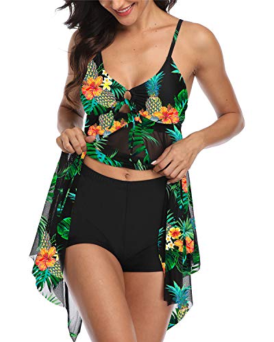 Temptme Women Swimsuit Two Piece Tankini Mesh Swimdress Floral Printed with Boyshort Bathing Suits - Thumbnail 4