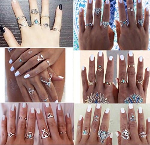 Qpika 38pcs/Set Women Bohemian Vintage Silver Stack Rings Above Knuckle Blue Rings Set