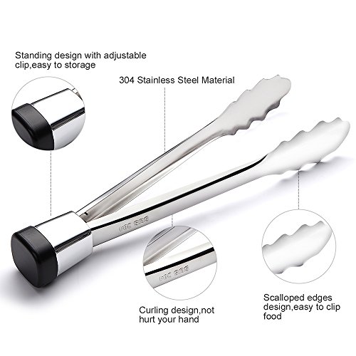 ANG Stainless Steel Kitchen Tongs Set of 2-10.5'' and 12.5'',Locking Standing Food Tongs for Salad,Barbecue,Toast Bread,Pastry,Sandwich
