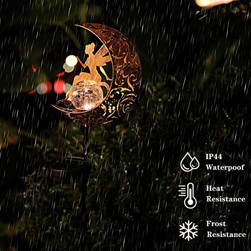 LCHPMY Garden Solar Lights, Metal Moon Fairy Solar Stake Lights with Crackle Glass Ball，Outdoor Decorative Lights Waterproof for Walkway, Yard, Lawn, Patio or Courtyard (1 Pack)