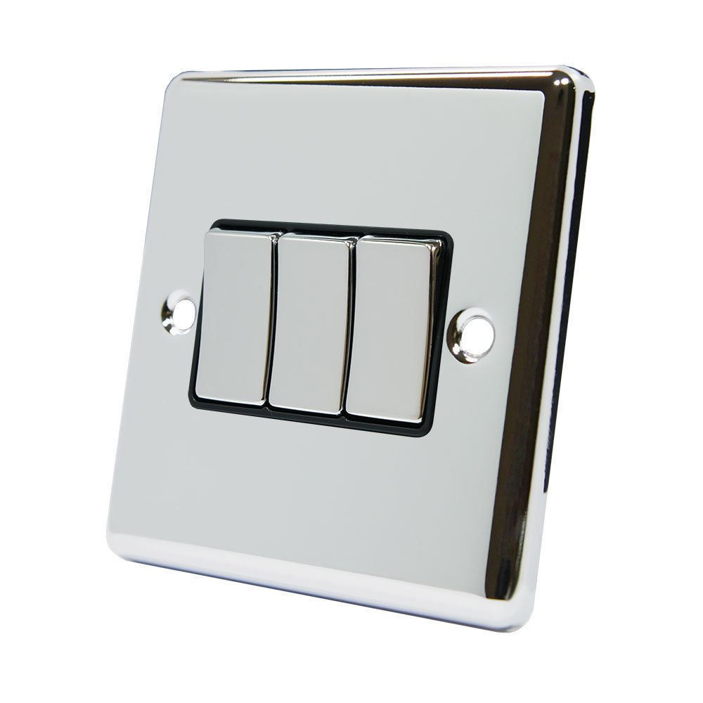 AET CPC3GSWIBC 10 A 3-Gang 2-Way Polished Chrome Classical Triple Light Switch with Black Insert Metal Rocker Switches