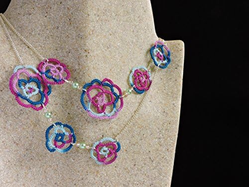 Raspberry Pink, Wedgewood Blue and Country Turquoise Lace Roses Long Multiway Necklace with Mint Czech Glass Pearls and Opaque Pink Beads
