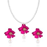 QLYOVWE Bohemian Daisy Flower Earrings Necklace Stes for Women Boho Statement Flower Earrings Matte Floral Petal Earrings Pearl Flower Necklace Wedding Holiday Jewelry Gifts