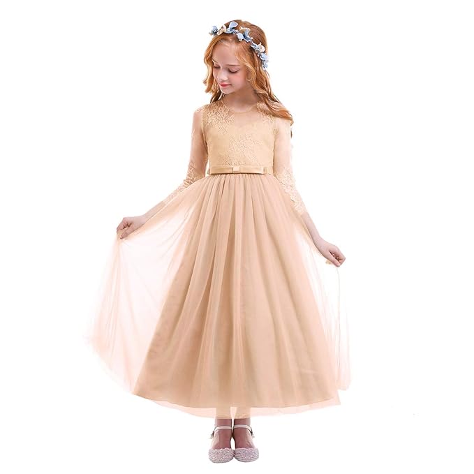 Fymnsi Flower Girl Dress Kids Lace Floral Long Sleeve Wedding