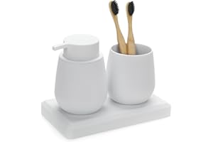 DAHACIS White Bathroom Accessories Set, Modern 3 Pcs Bathroom Essentials - Soap Dispenser, Toothbrush Holder & Tray, Countert