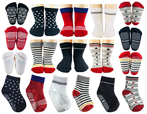 Toddler Baby Boy Socks Best Gift For 1-3 Year Old Boys Gifts Non Skid Grip Socks Gift Set by Tiny Captain (Red and Black)