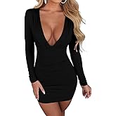 LAGSHIAN Women's Sexy Bodycon Long Sleeve V Neck Ruched Mini Club Dress