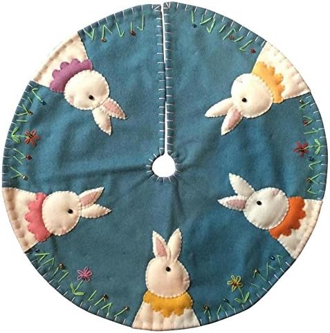 KIG Exclusive Handmade Easter Bunnies on Blue Background Small Tabletop Tree Skirt, 24" Wide