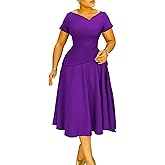 Tcremisa Womens Fall Midi Dress Elegant Short Sleeve Flare A Line Semi Formal Business Casual Dresses