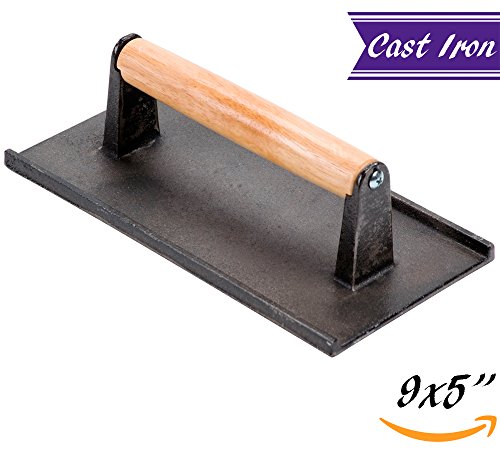 9 x 5-Inch Cast Iron Steak Weight/Bacon Press with Wooden Handle, Heavy-Weight Grill Press