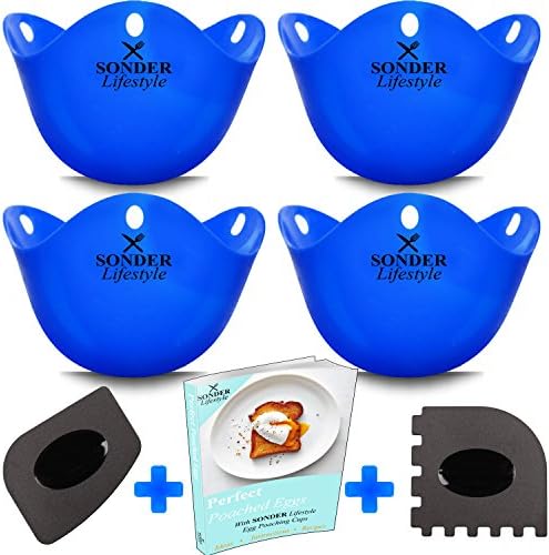 Egg Poaching Cups | Egg Poacher Cups | RED, BLUE, GREEN, PURPLE 4 PACKS | Poached Eggs Instructions | Egg Spatula + Pan Scraper | eBook Recipes | BPA Free | Dishwasher Safe | Silicone Egg Poacher